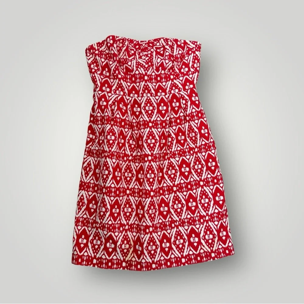 J. Crew Strapless Geometric Red and White Twee Feminine Midi Dress Size 4‎